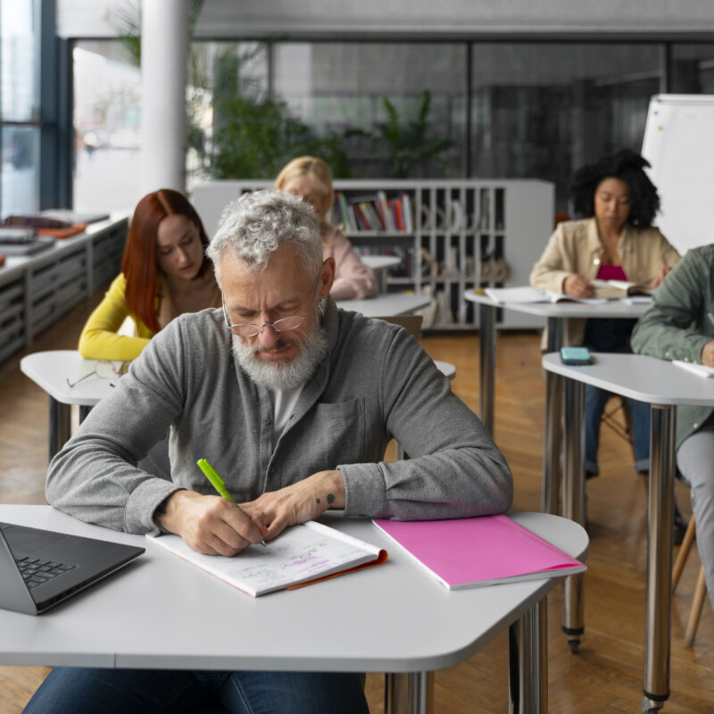 Adults studying in classroom